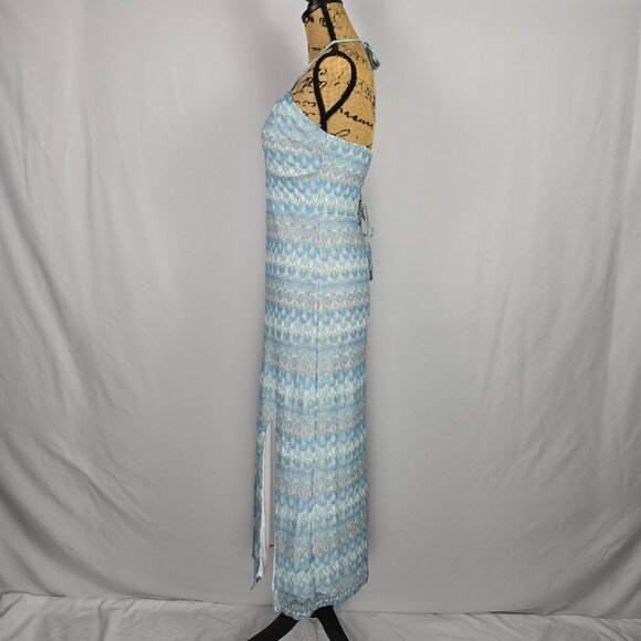 Wild‎ Fable Maxi Halter Dress M Blue Geometric Open Back Tie Slit Y2K Boho Chic - Picture 2 of 15